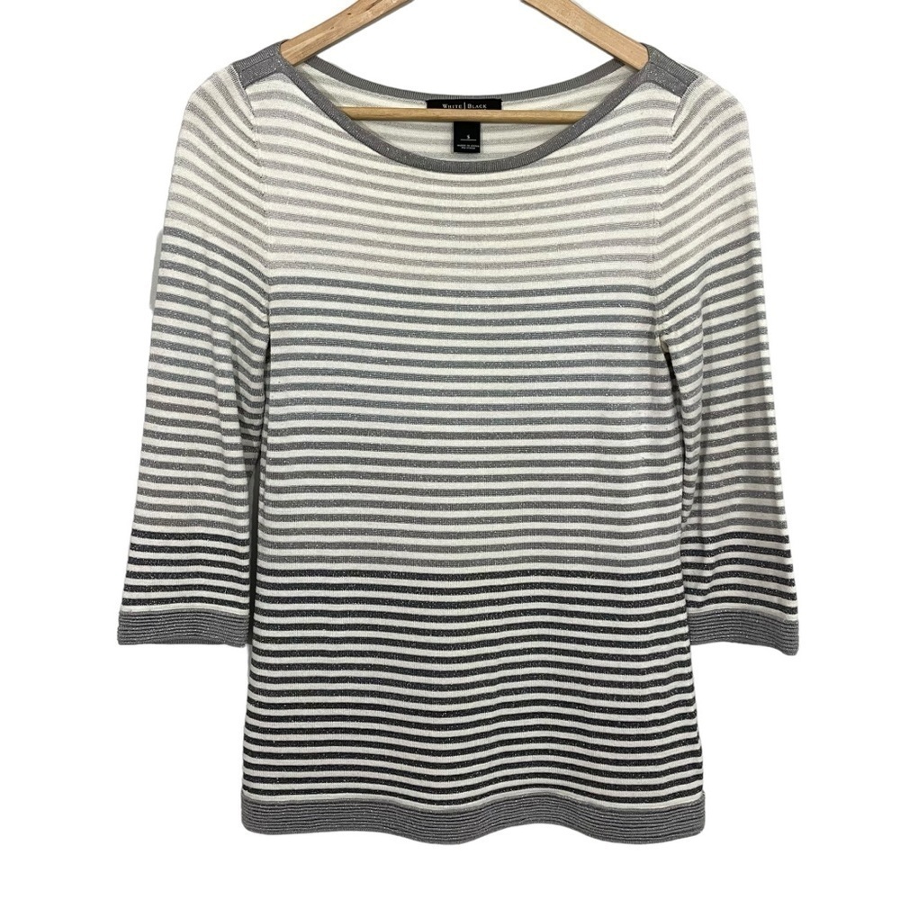 WHBM Sparkly Sweater Top Womens S White Grey Silver Stripe Casual Office GUC